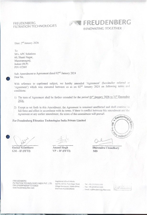 Letter from Freudenberg Filtration Technologies India extending the agreement with APC Solutions through 31 December 2026