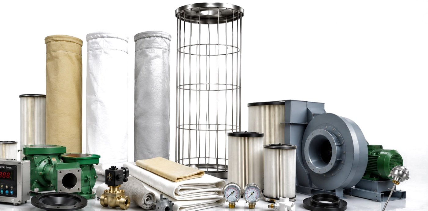 APC Solutions product range — filter bags, bag cages, cartridges, rotary air lock valves, pulse jet valves, sequential timer, gauges and ID fan